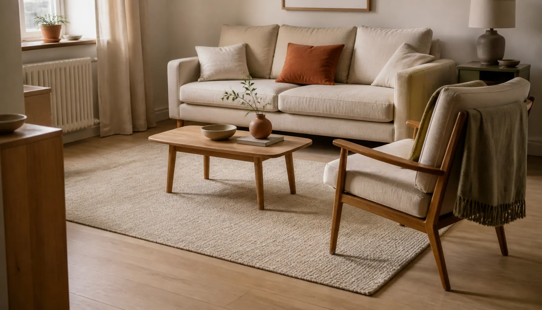 Small shared apartment living room with a large flat-weave rug under a cream sofa and bare wood floor visible around the edges