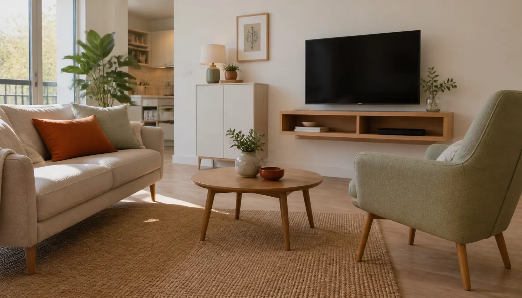Warm apartment living room with a sofa and armchair raised on slim wooden legs and a wall-mounted media shelf
