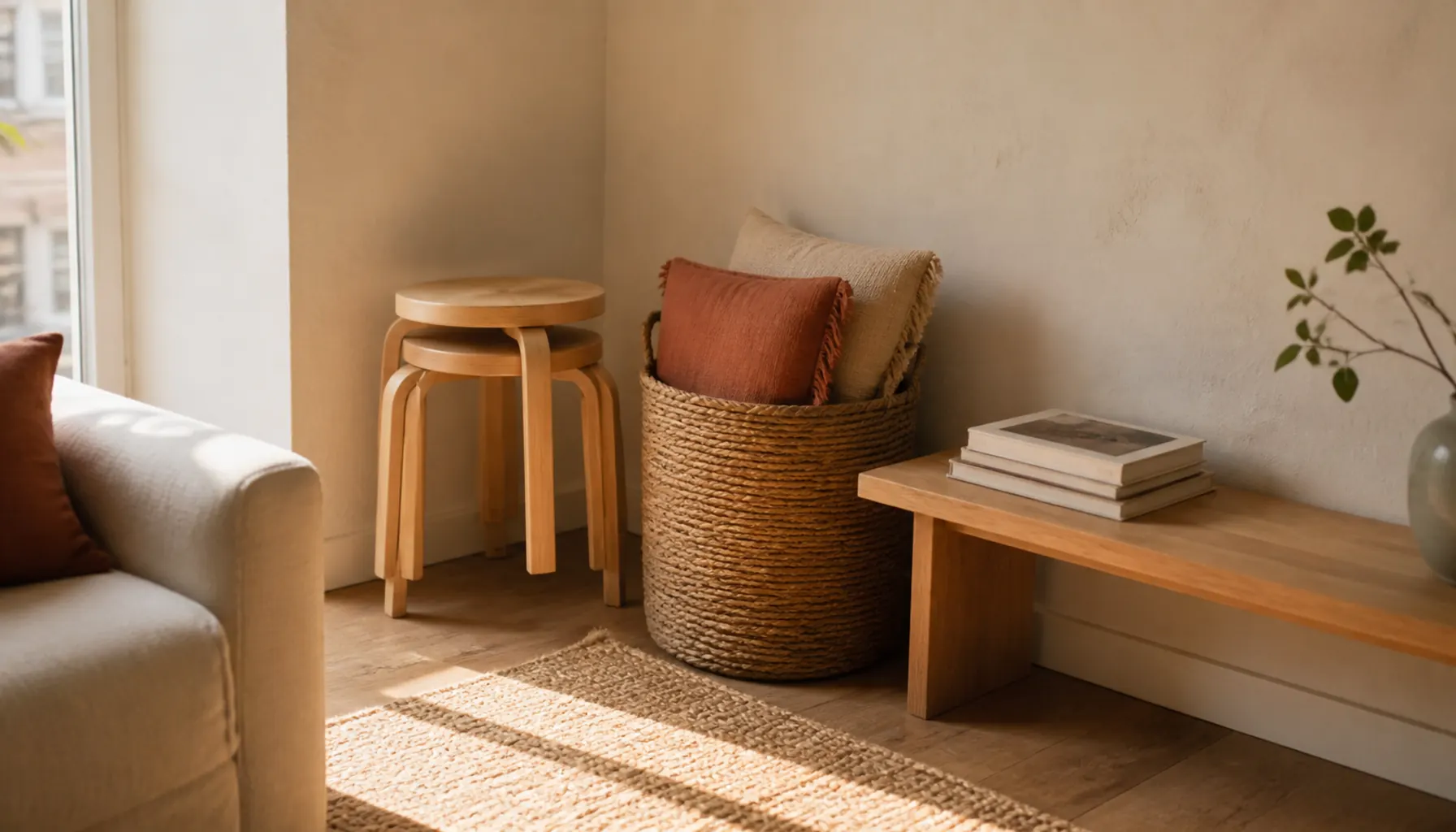Apartment living room corner with two stacked wooden stools, a woven basket of floor cushions and a slim bench against the wall