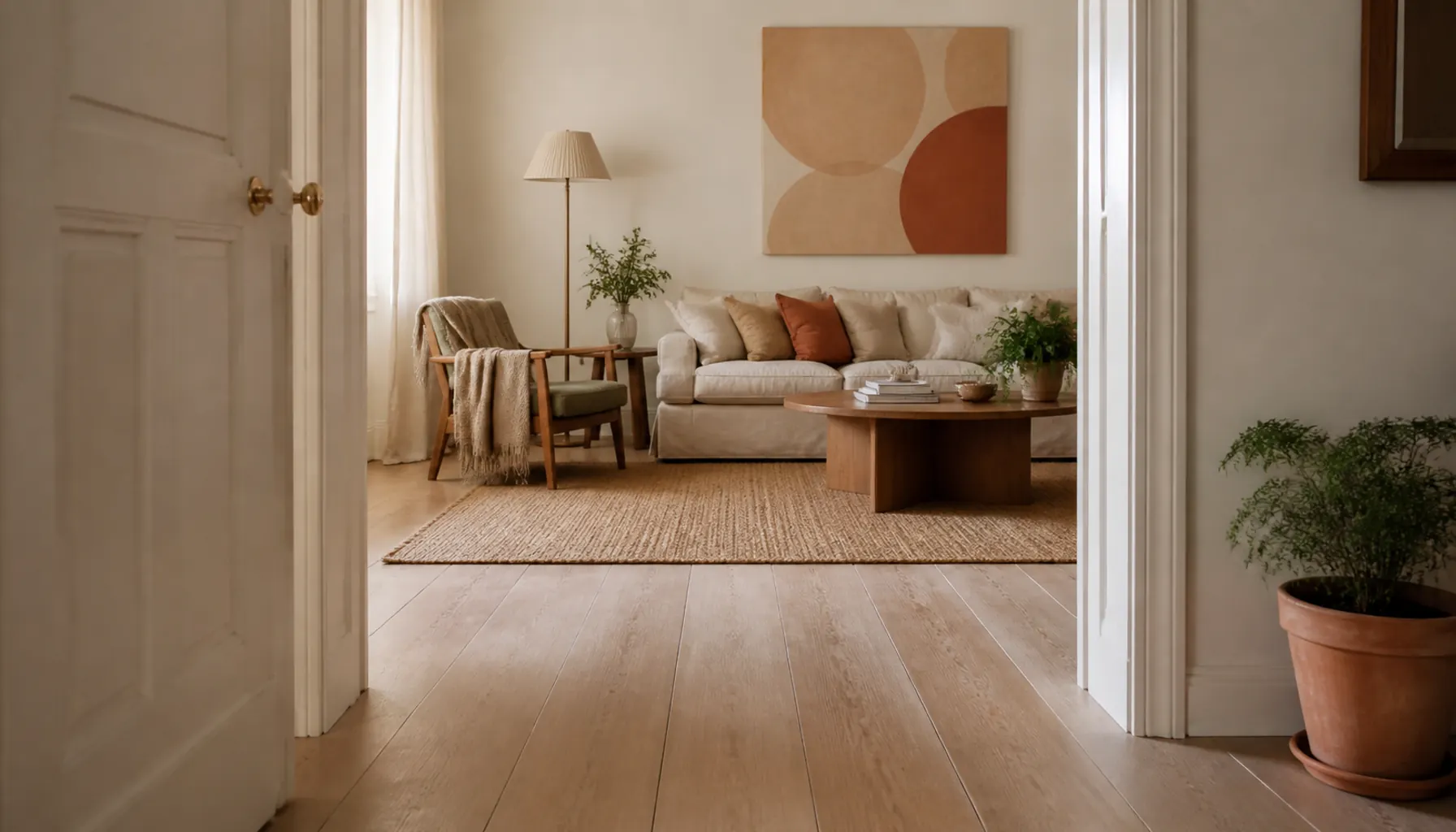 View from an apartment doorway into a calm living room with clear floor near the entry and a single large artwork on the far wall