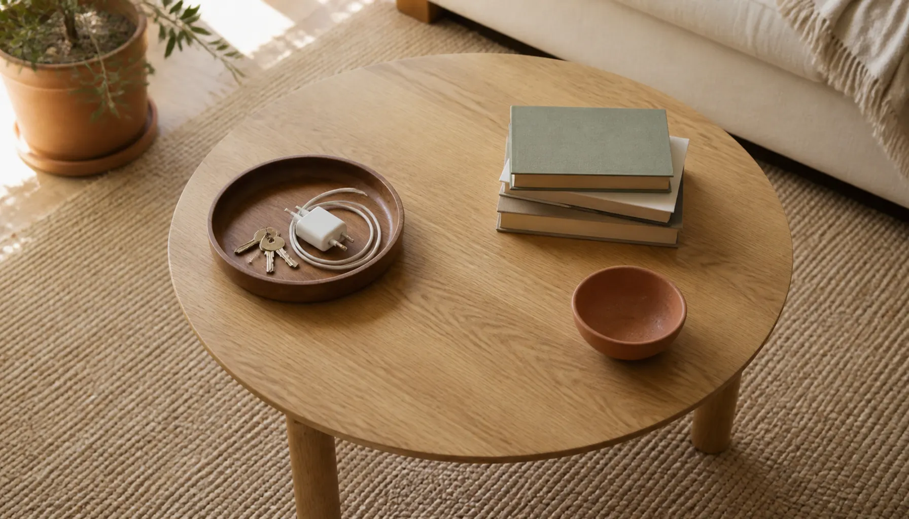 Apartment coffee table styled with a single wooden tray, a stack of books and a ceramic bowl on a warm sand-colored rug
