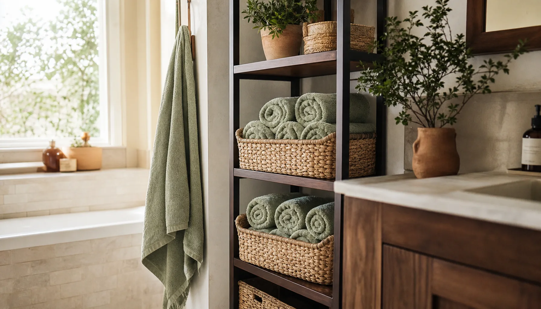A small shared bathroom with a slim vertical shelf tower and stacked woven baskets holding rolled sage towels