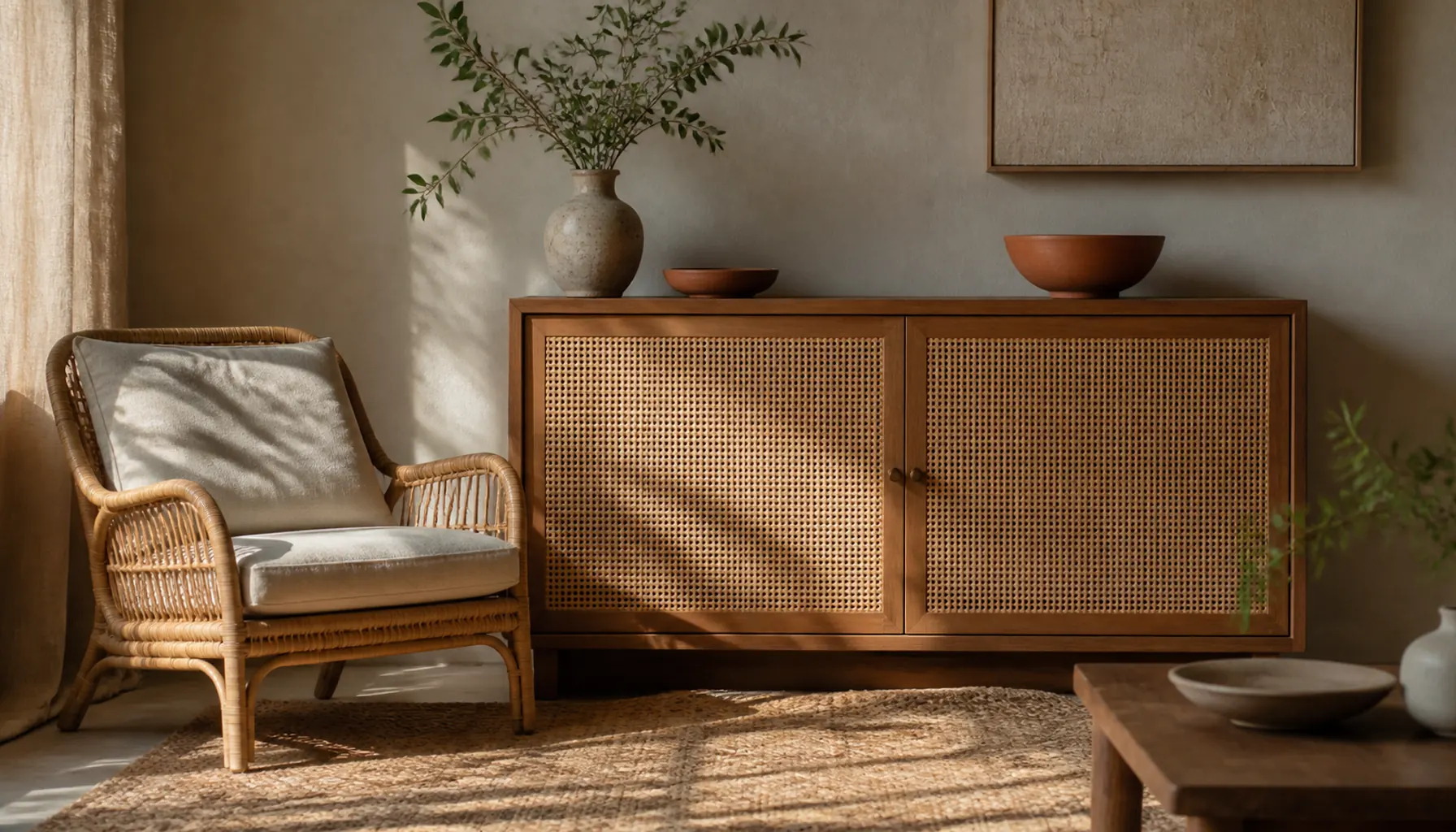 Boho living room with a rattan lounge chair, caned wood sideboard, cream sofa and jute rug in warm daylight