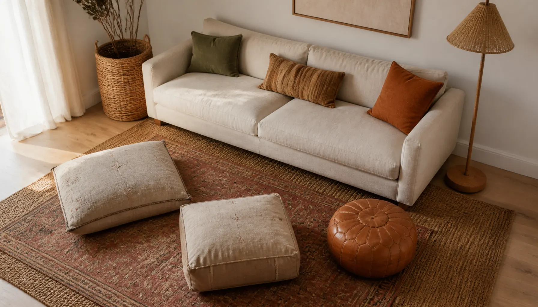 Layered jute and vintage rug under a low cream sofa with a leather pouf and floor cushions