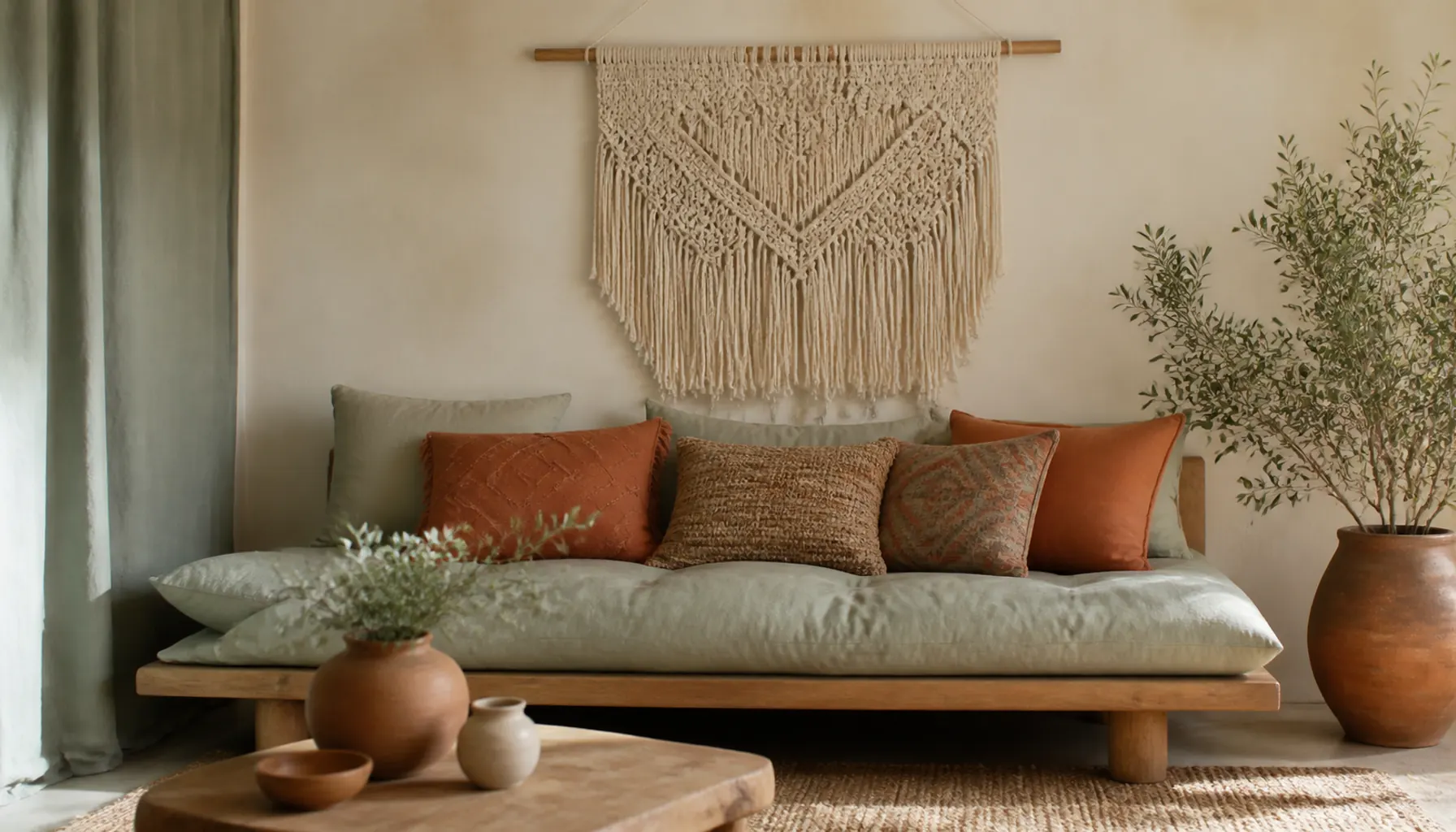 Sage and terracotta boho living room with a woven wall hanging above a low sofa and mixed cushions