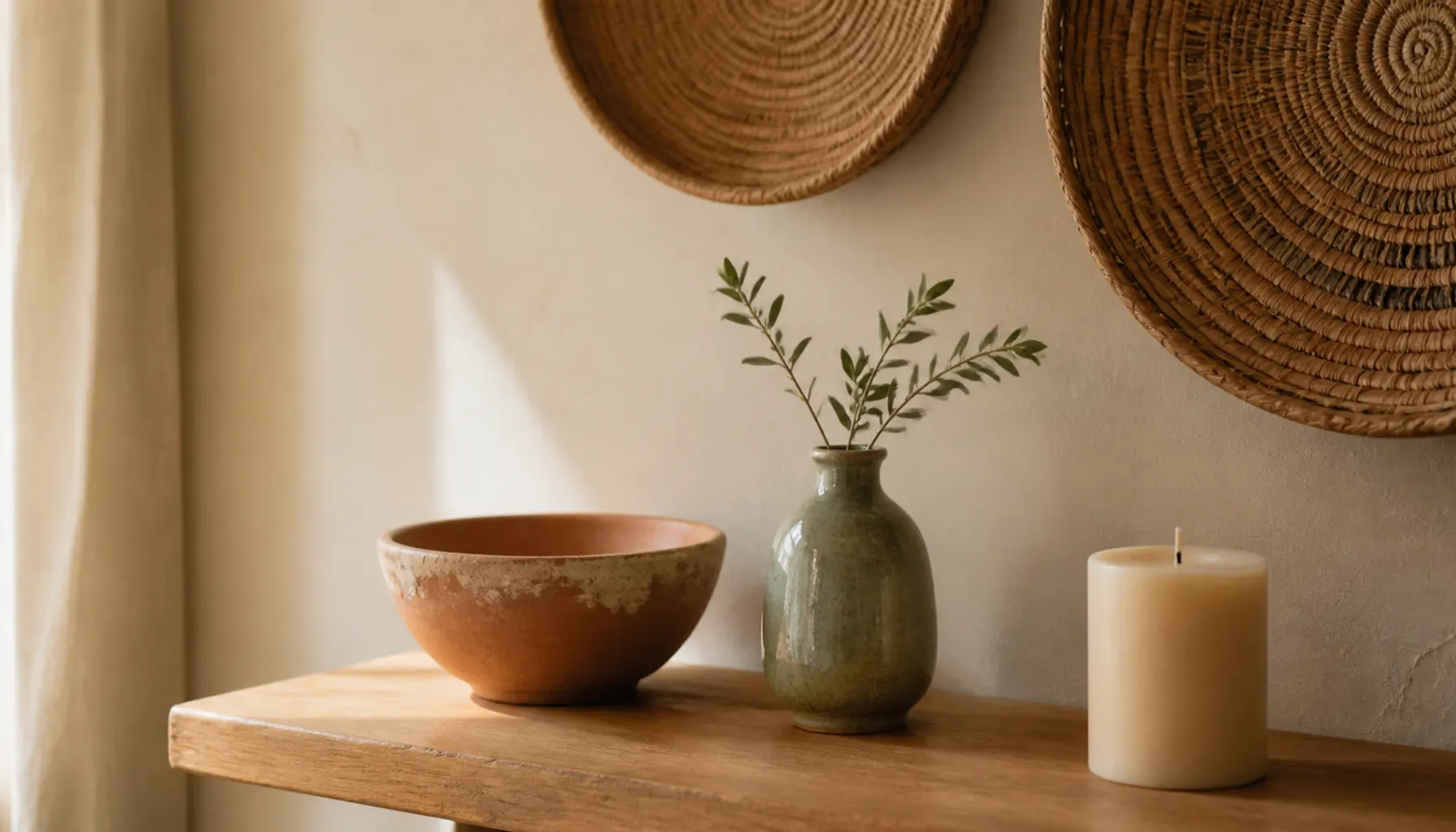 Collected boho shelf styling with mismatched ceramics, flat baskets and a small brass tray