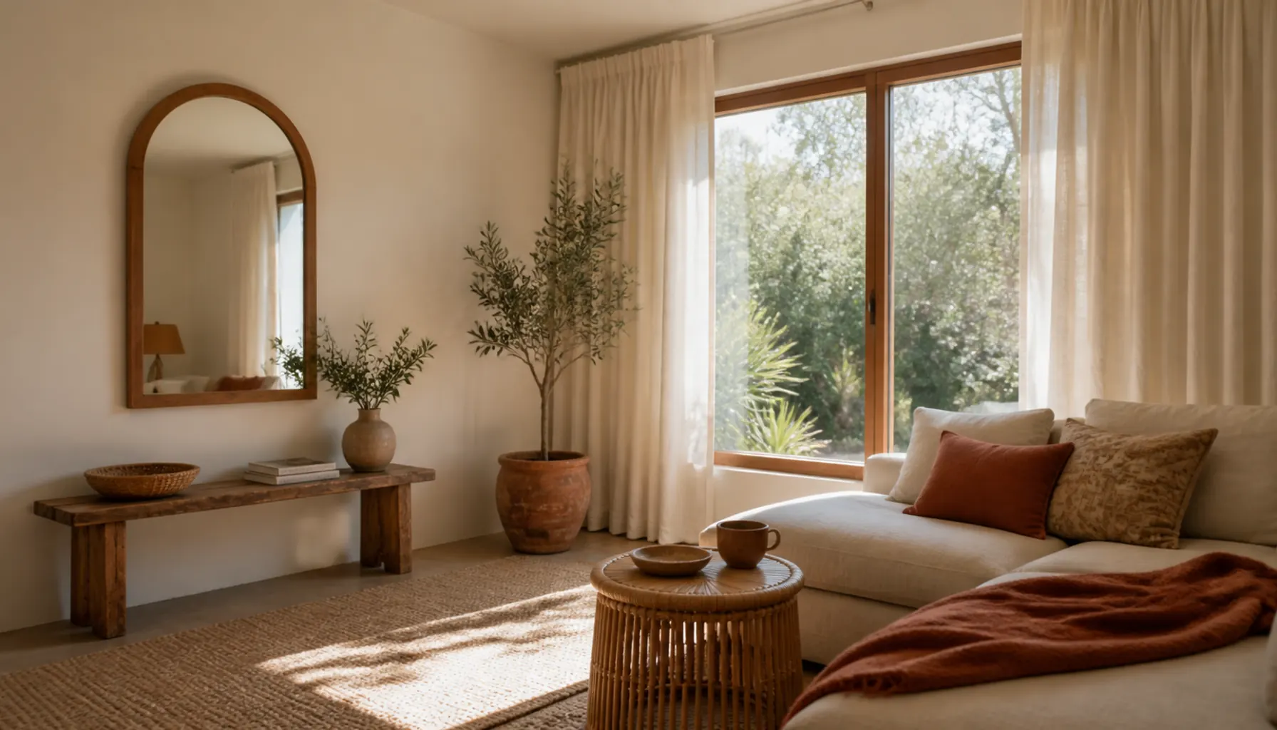 Sheer natural curtains hung high beside an arched mirror and round rattan side table