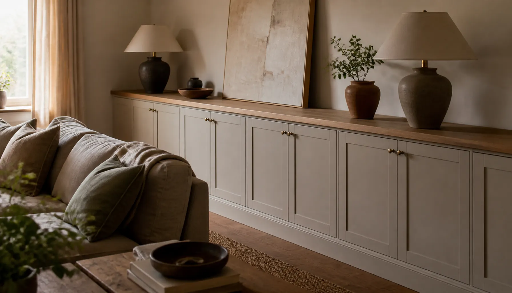 Half-height built-in cabinet run with a deep oak top holding two lamps and leaning artwork in a sand and cream living room