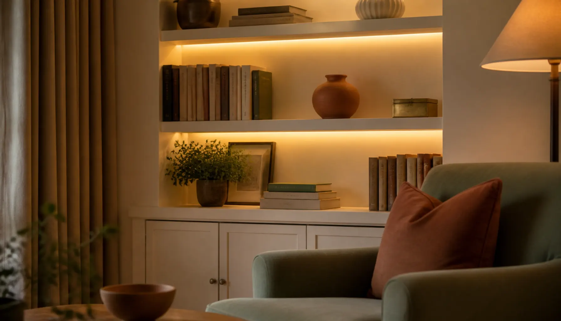 Built-in shelves with warm LED strip lighting under each shelf, holding ceramics and books beside a terracotta cushioned armchair