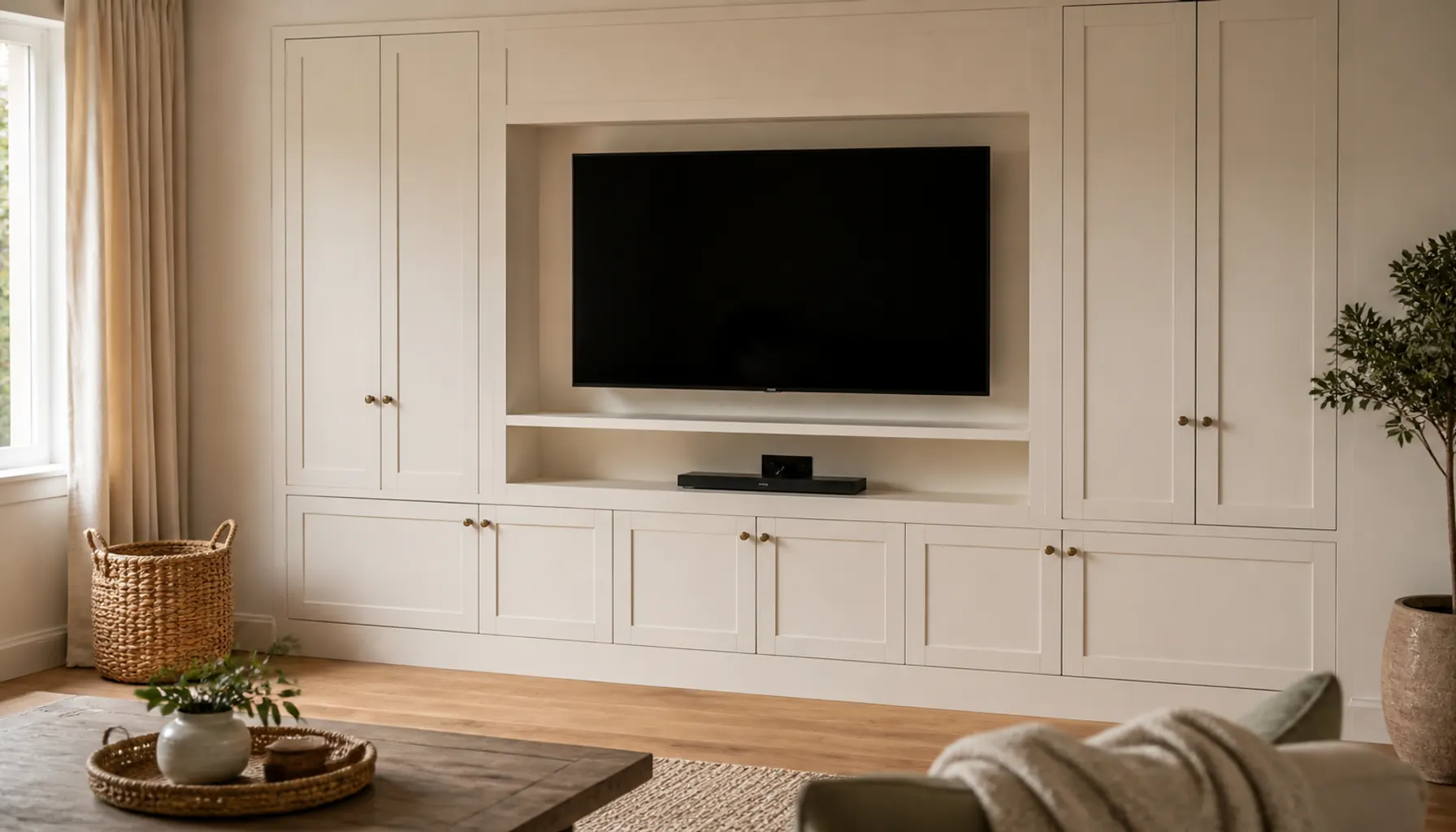 Media wall built-in with a recessed television, closed cabinets below and cables neatly routed through brush plate grommets