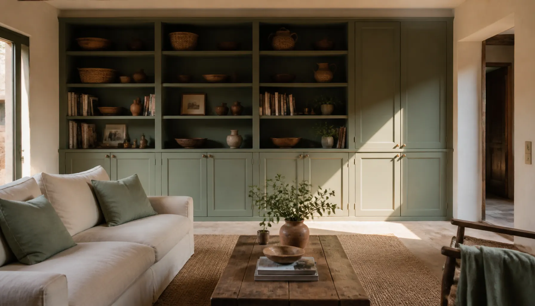 Contrast painted sage green built-in cabinets against pale plaster walls in a sunlit living room with a linen sofa