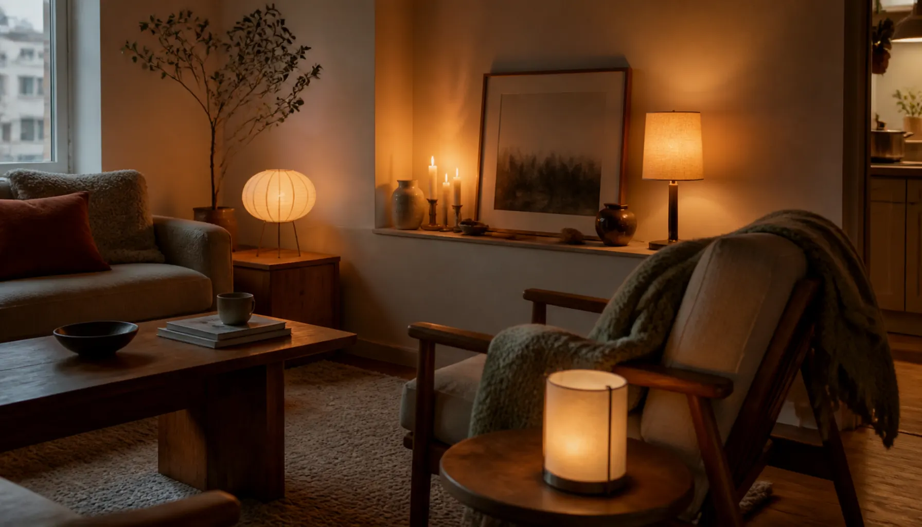 Corner of an apartment living room with three low warm lamps and a candle ledge acting as a hearth substitute