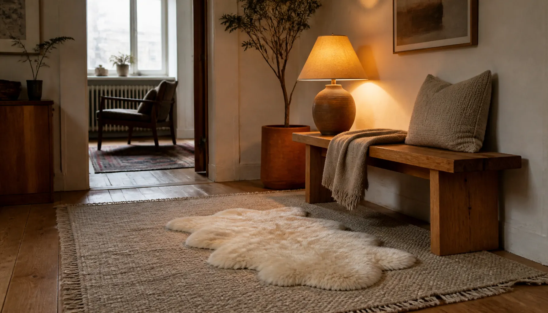 Layered rugs on a wood floor with a flat woven base and sheepskin on top beside a pine bench