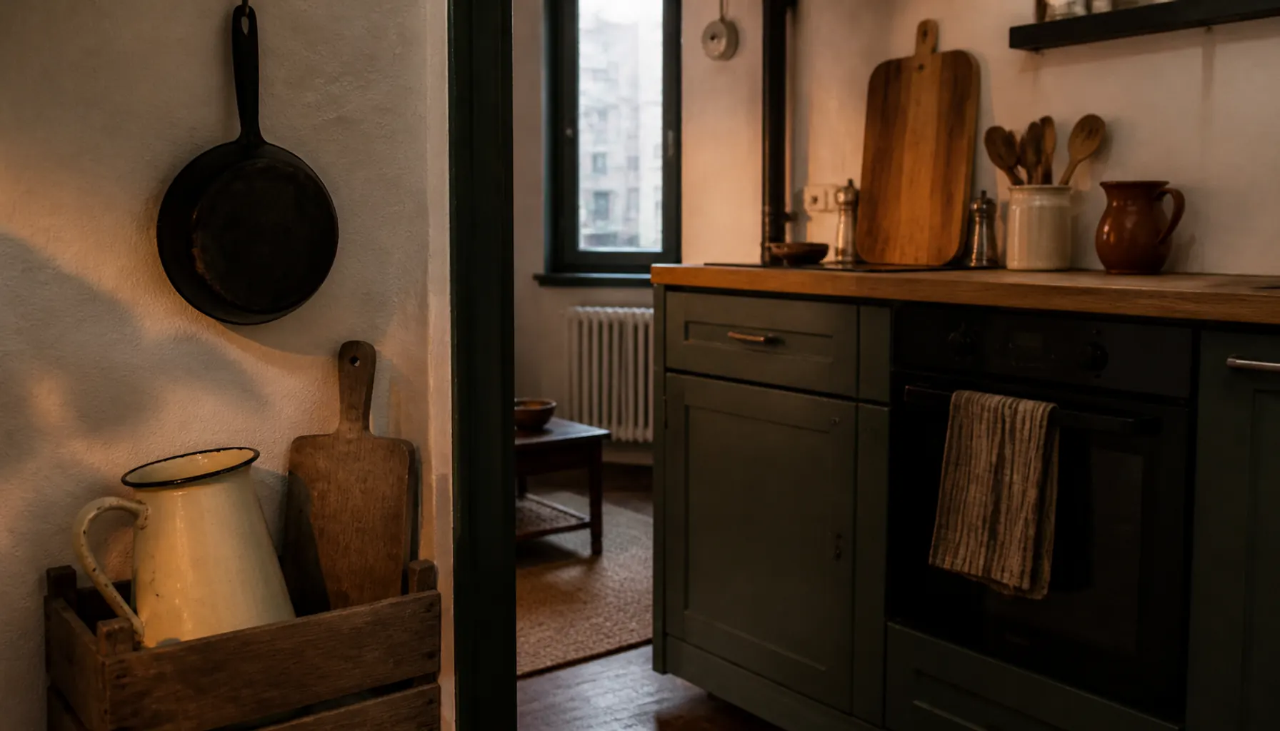 Cast iron pan on a wall hook beside a wooden crate and dented enamel jug in an apartment kitchen corner