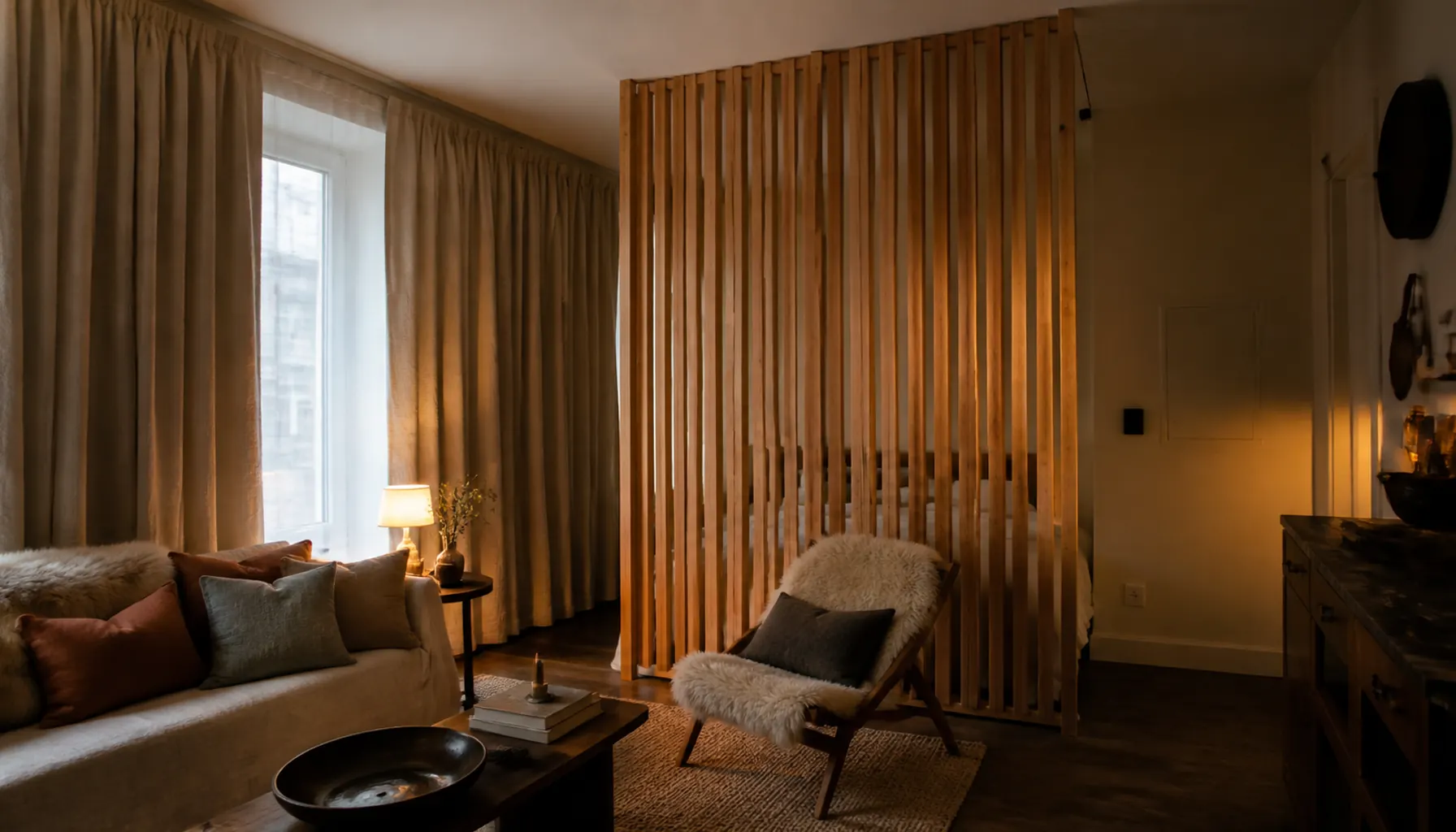 Heavy wool curtains hung wide and high beside a slatted wooden screen dividing an apartment living room