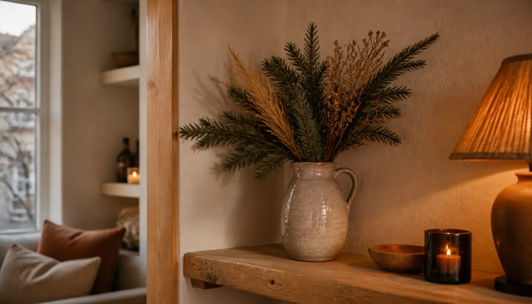 Stoneware jug with evergreen boughs and dried grasses on a thick pine plank ledge in warm lamplight