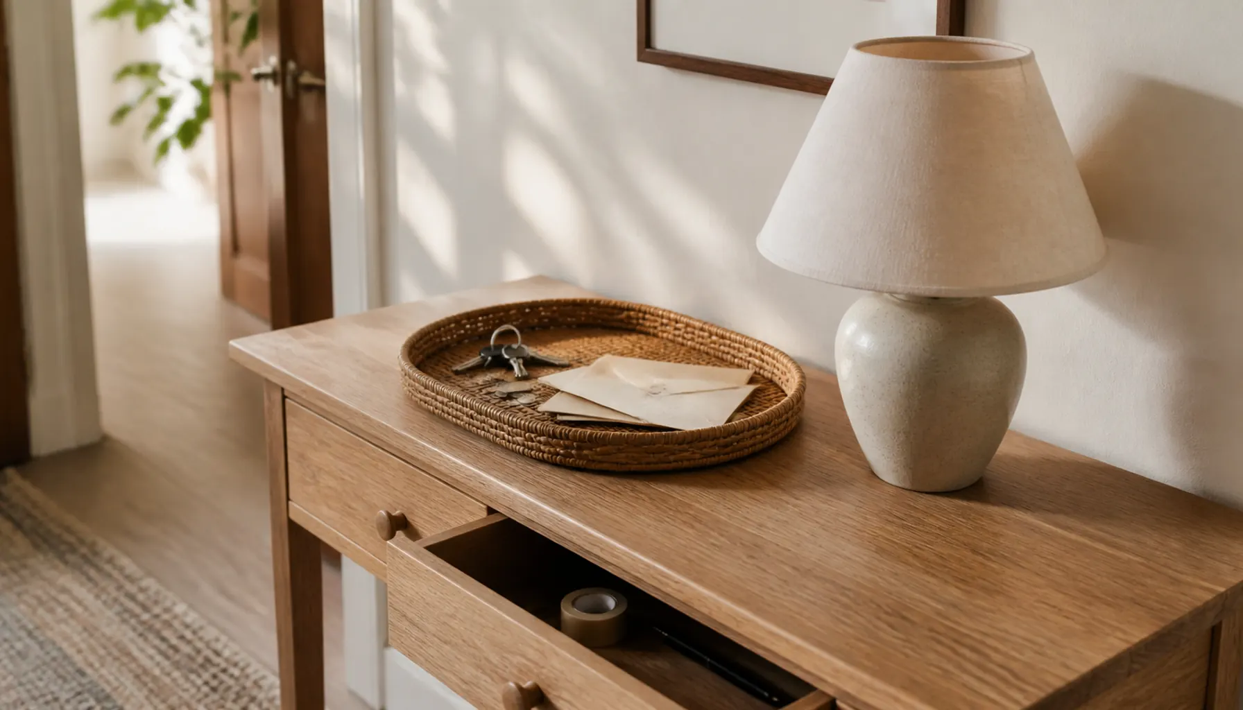 A narrow hallway console with a shallow rattan tray holding keys and a stack of mail beside a small cream lamp