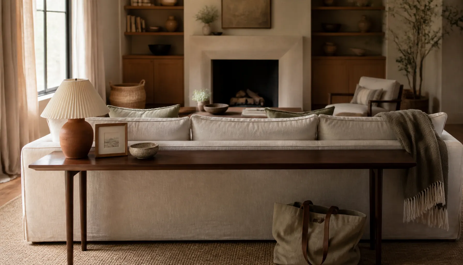A behind-sofa console in a warm cream living room with a lamp and small art group at one end and clear empty surface at the other