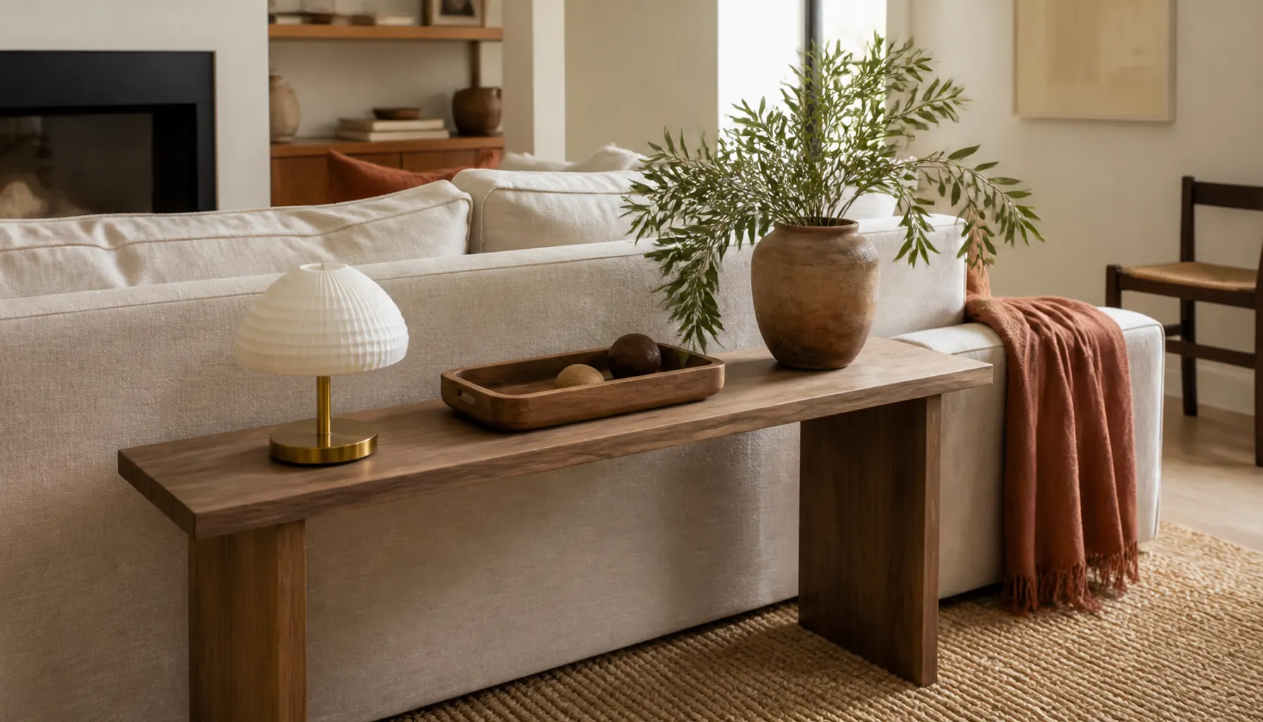A floated sofa with a slim console table behind it holding a low lamp and a shallow tray in a sand and terracotta living room