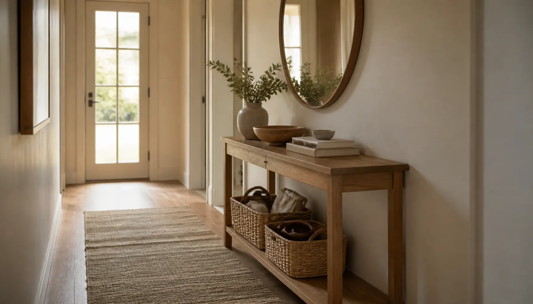 A hallway console on a flat woven runner with two baskets underneath and a mirror hung above it in soft daylight