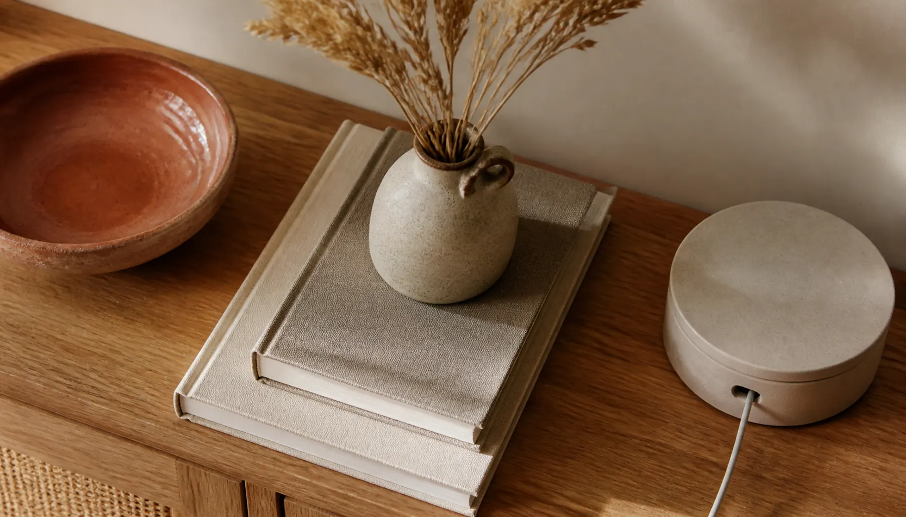 A console styled with a low ceramic bowl, a stack of books, and dried stems beside a small lidded box in warm neutral tones