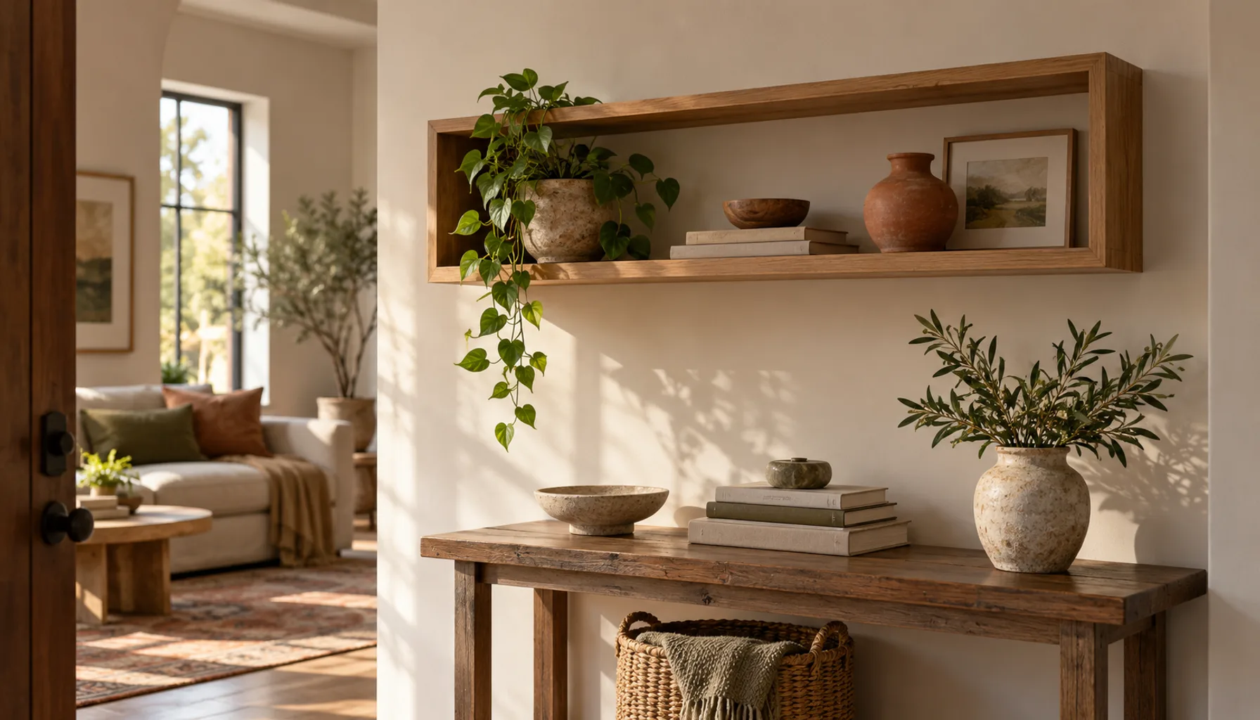 Hollow box floating shelf in warm oak finish above a small console, styled with books and a ceramic vase