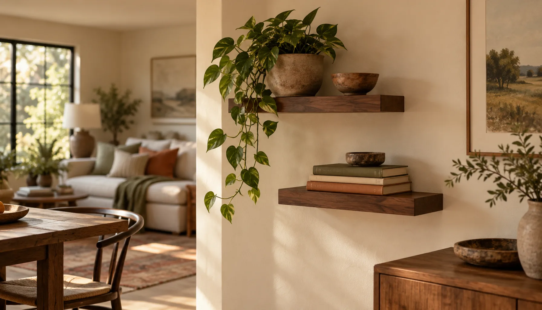 Staggered pair of short floating shelves on a small wall with plants above and books below