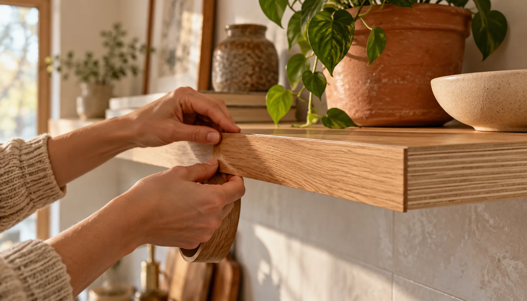 Close-up of a plywood floating shelf front edge covered with iron-on oak veneer banding