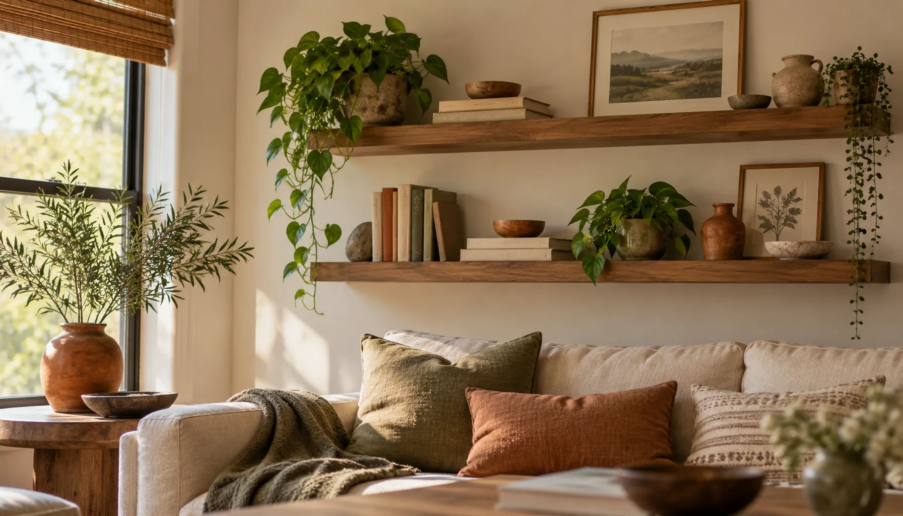Finished floating shelves on a painted rental wall styled with a plant, books, and framed print