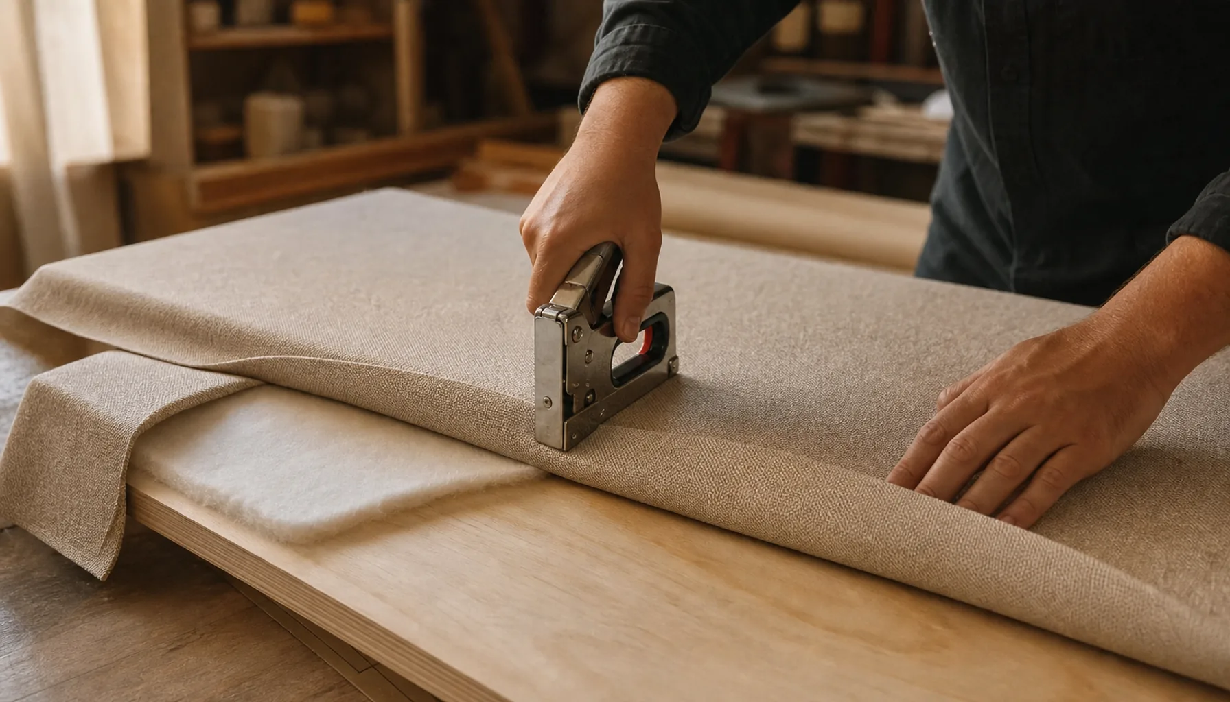 An upholstered DIY headboard panel being made, with fabric, foam and a staple gun laid out on a work surface