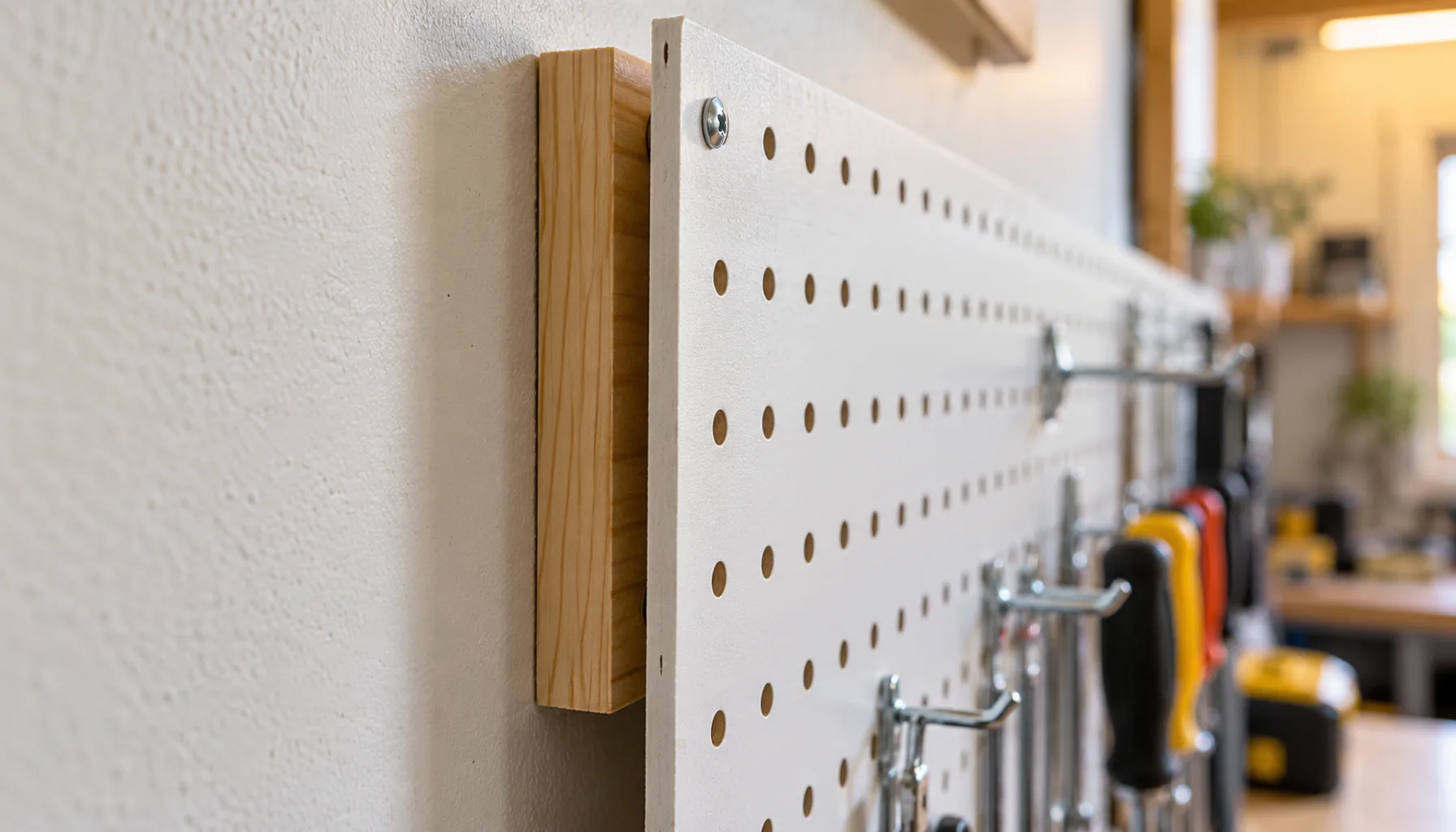 Pegboard panel mounted on furring strip spacers over painted drywall, showing the gap behind the board