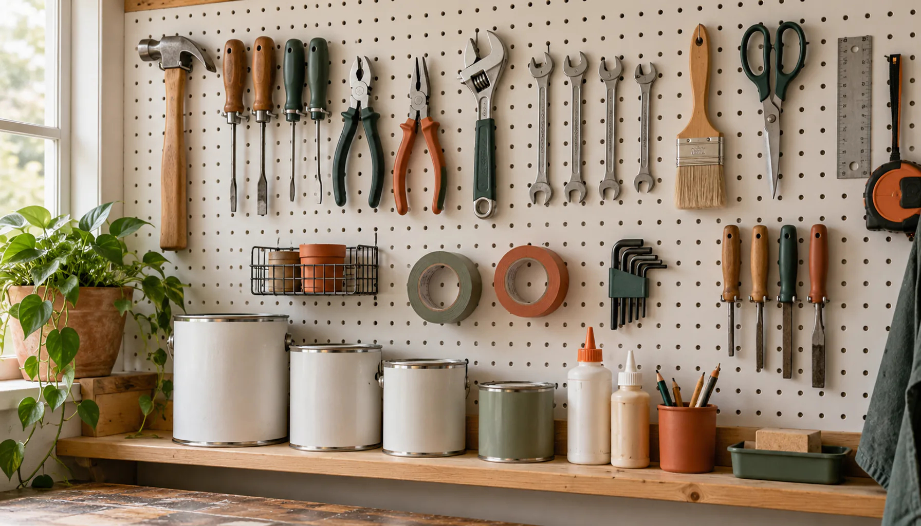 A shallow bottom shelf along the base of a pegboard wall holding paint cans and glue bottles