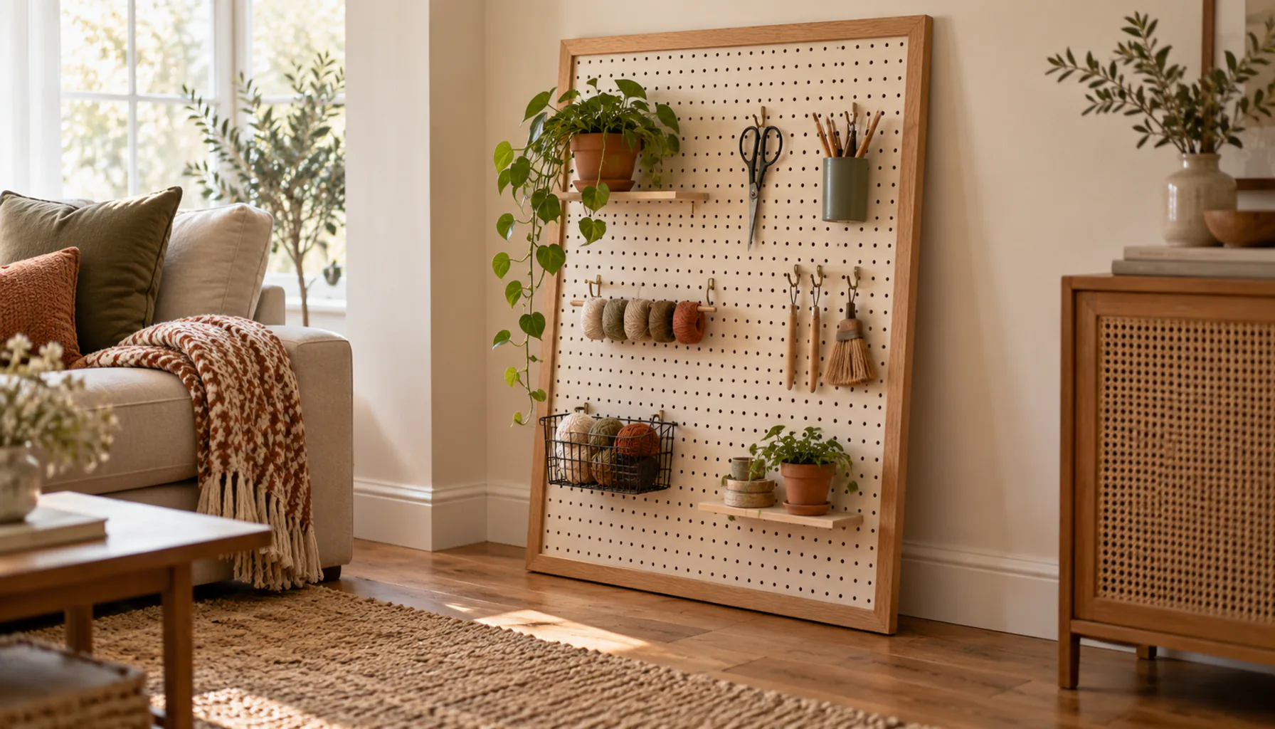 A free-standing pegboard panel built into a wood frame, leaning against a wall with no wall mounting required