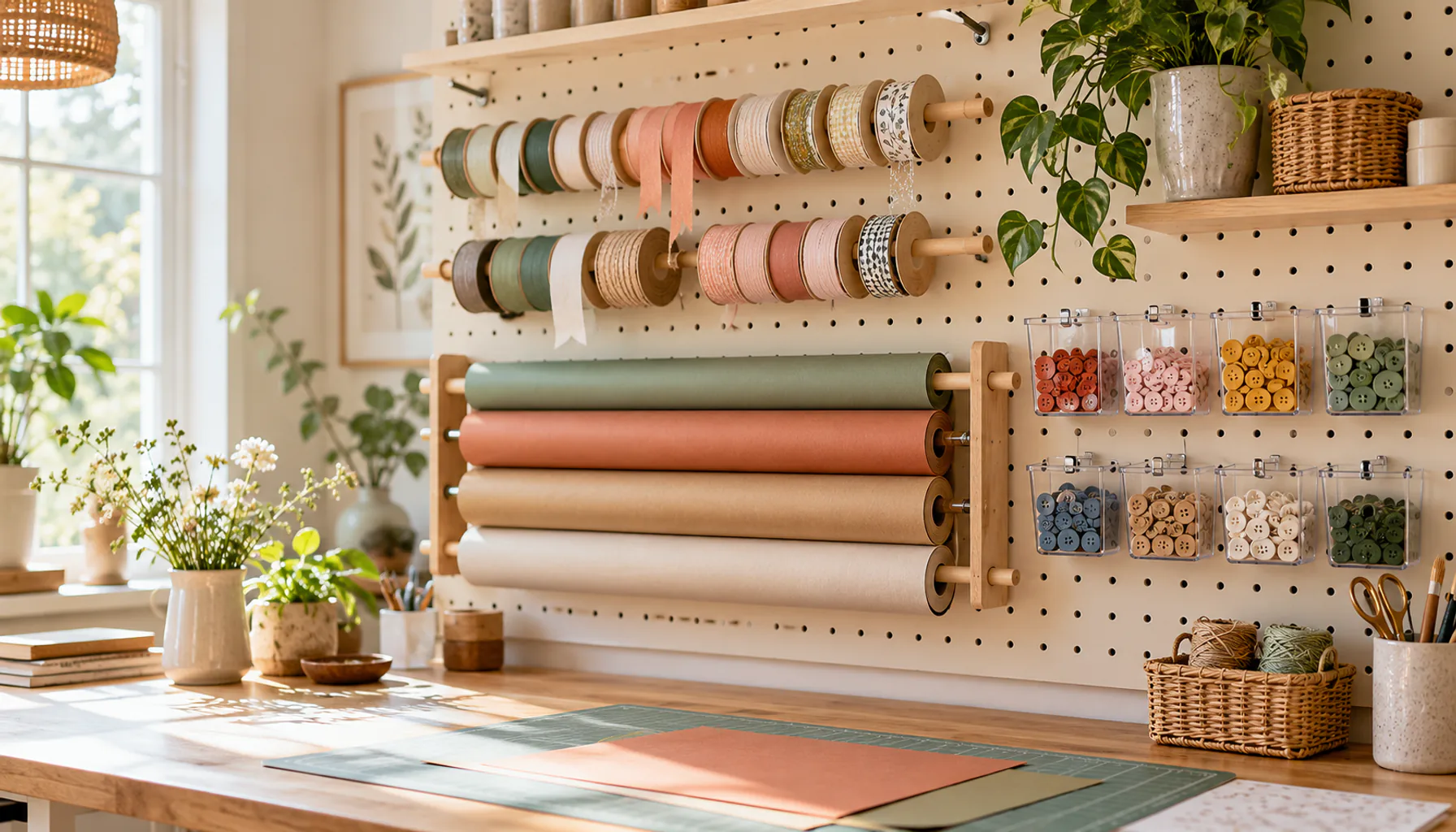 A craft room pegboard holding ribbon spools on dowels, pattern paper rolls, and small clipped bins of buttons