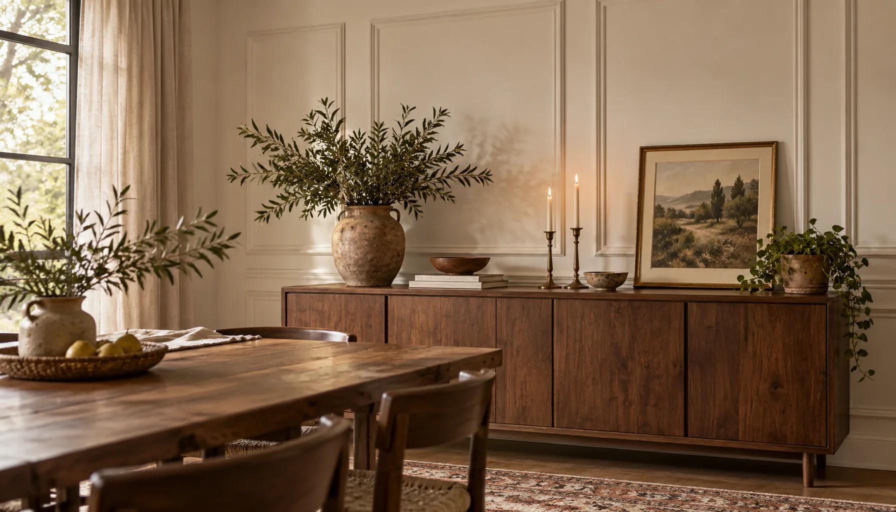 Dining room wall with painted picture frame molding rectangles in soft warm white above a wooden sideboard