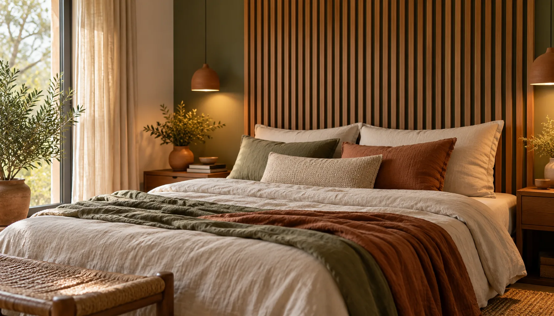 Bedroom headboard wall with natural wood slats over a dark sage painted backing and a linen bed