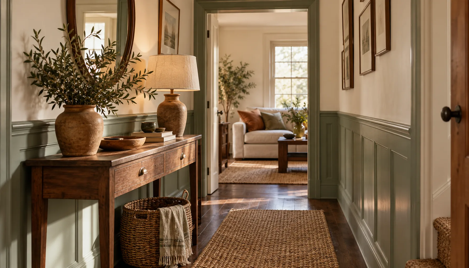 Wide wainscot on the lower third of a hallway wall painted in muted sage with a lighter wall above