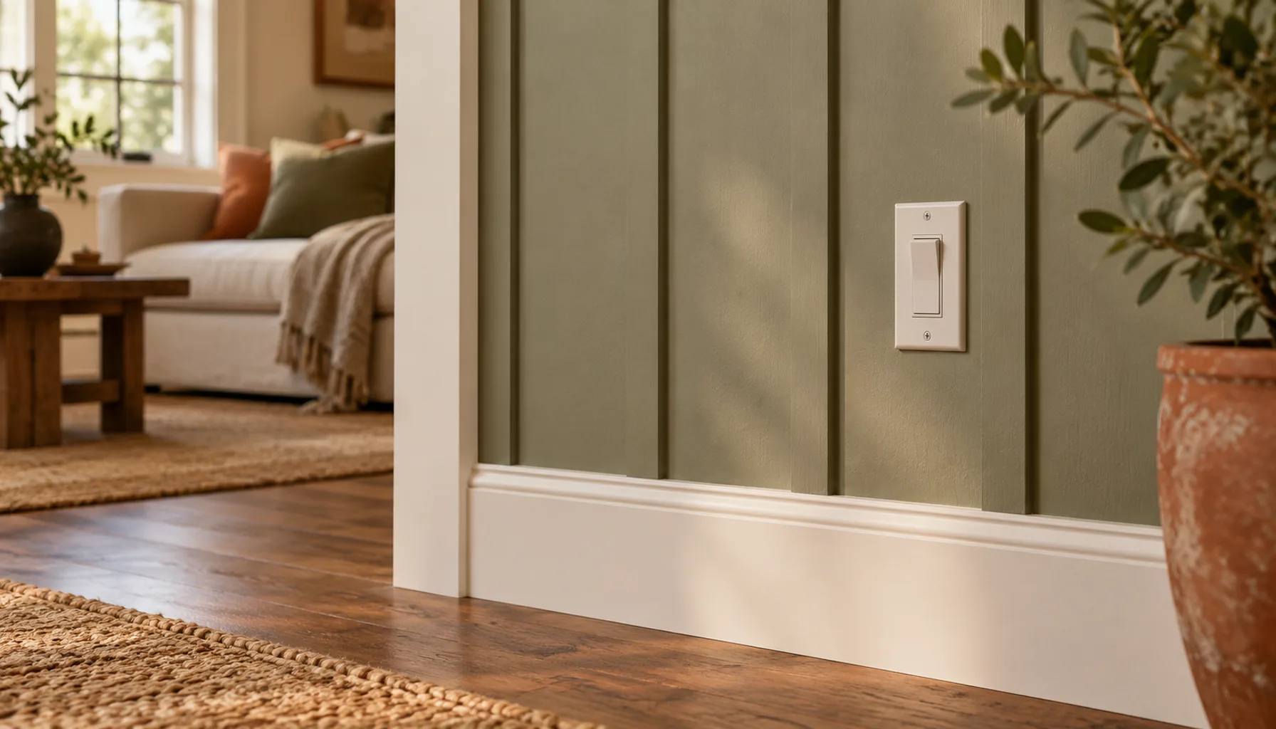 Close-up of painted board and batten paneling meeting a white baseboard and a light switch with a flush cover plate