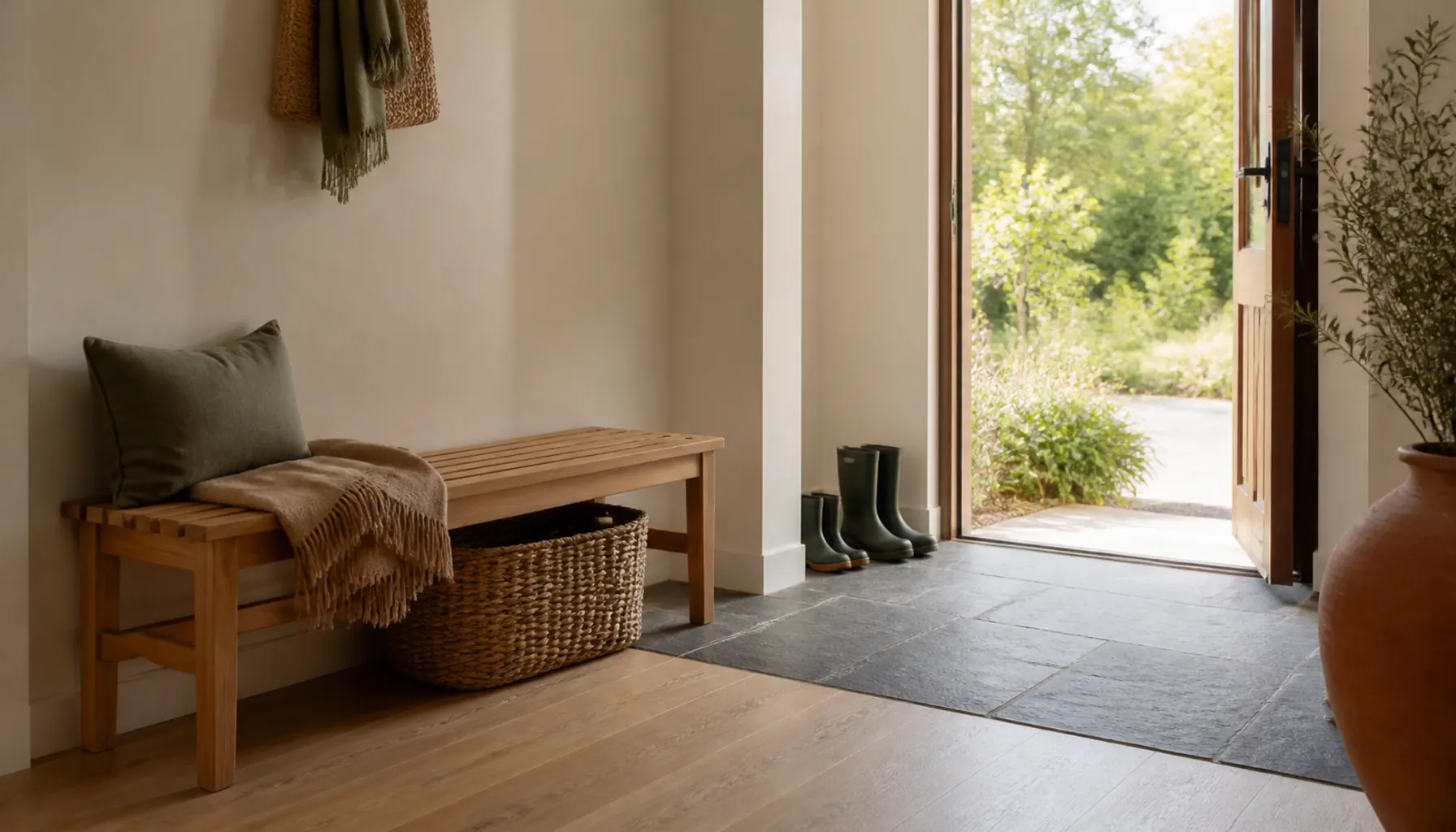 Entryway with a slate tiled threshold, a solid oak slatted bench and a woven basket underneath in warm daylight