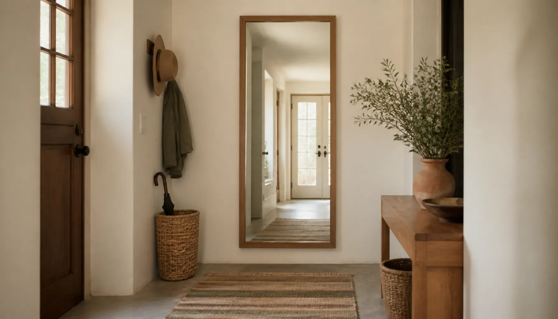 A tall oak framed mirror in a narrow entryway reflecting daylight above a wool flatweave runner