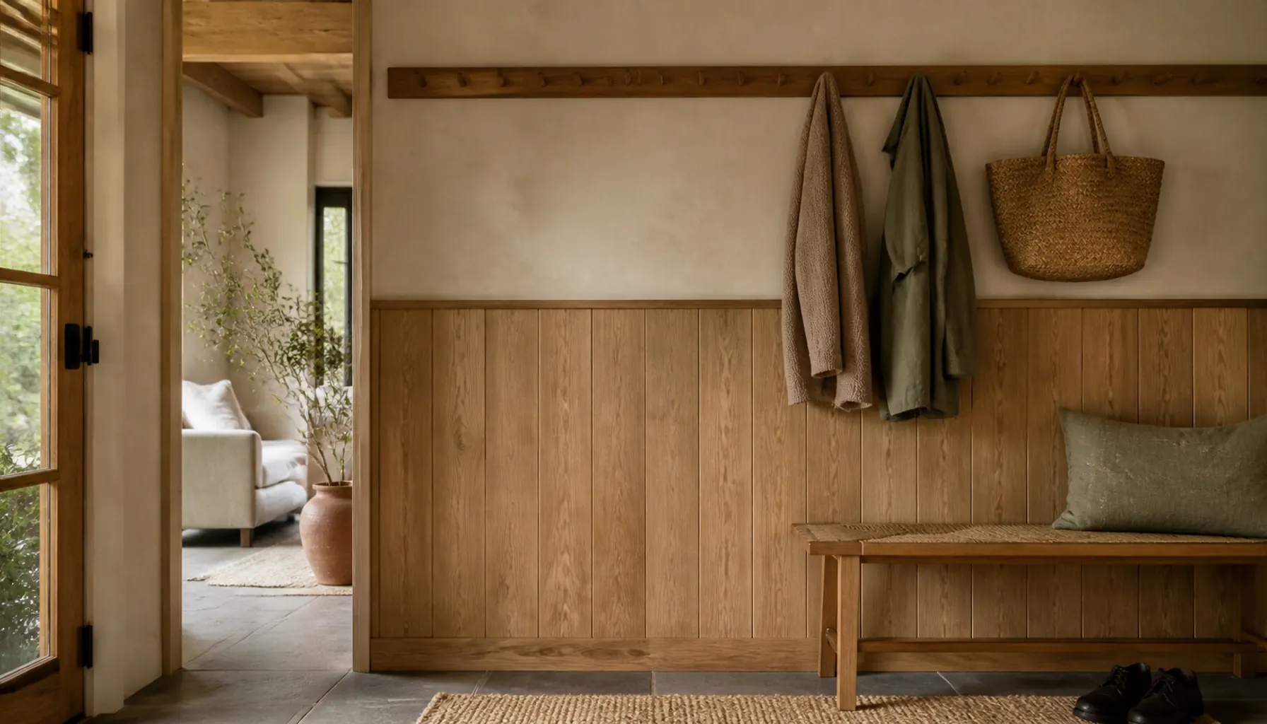 Entry wall with tongue and groove boards below and warm limewash above, a wooden peg rail holding coats