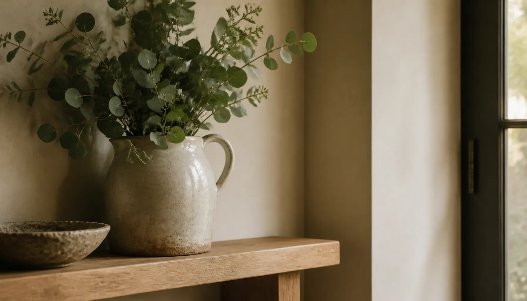 A heavy stoneware jug of eucalyptus branches on a wooden shelf in a sand colored entry corner
