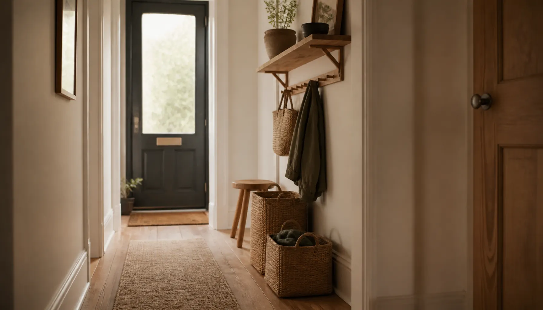 Narrow entryway with a slim wooden wall shelf, peg rail, a small stool tucked underneath and baskets against the wall