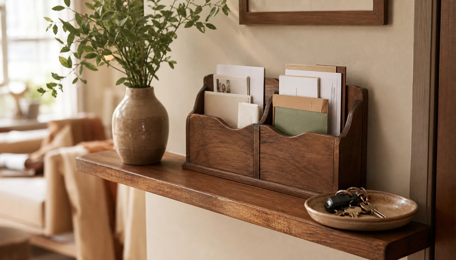 A tidy family mail-sorting station with three labeled slots and a small tray of keys on a warm wood ledge
