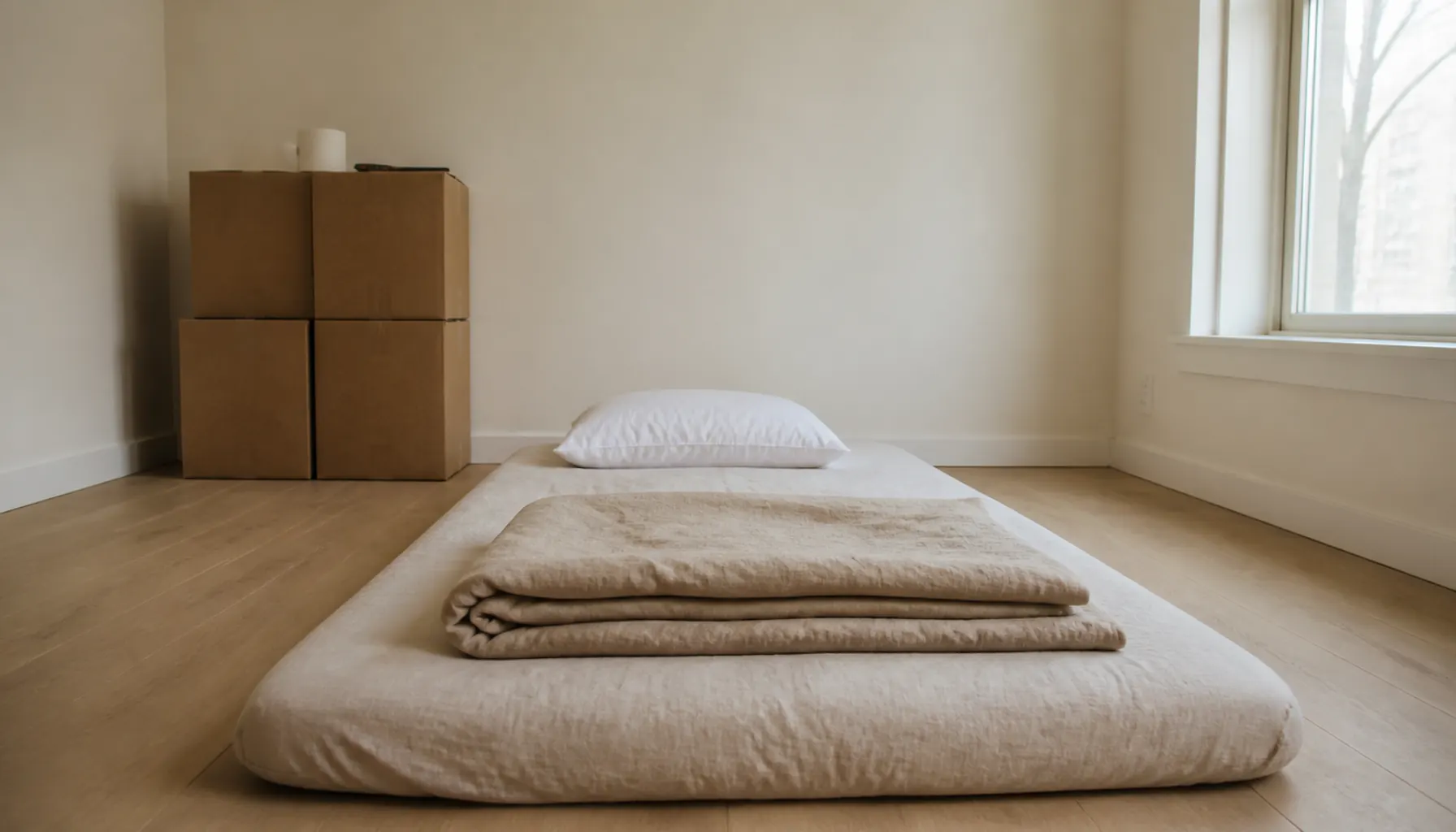 Cardboard moving boxes stacked against a cream wall beside a mattress on the floor with folded sand-colored bedding