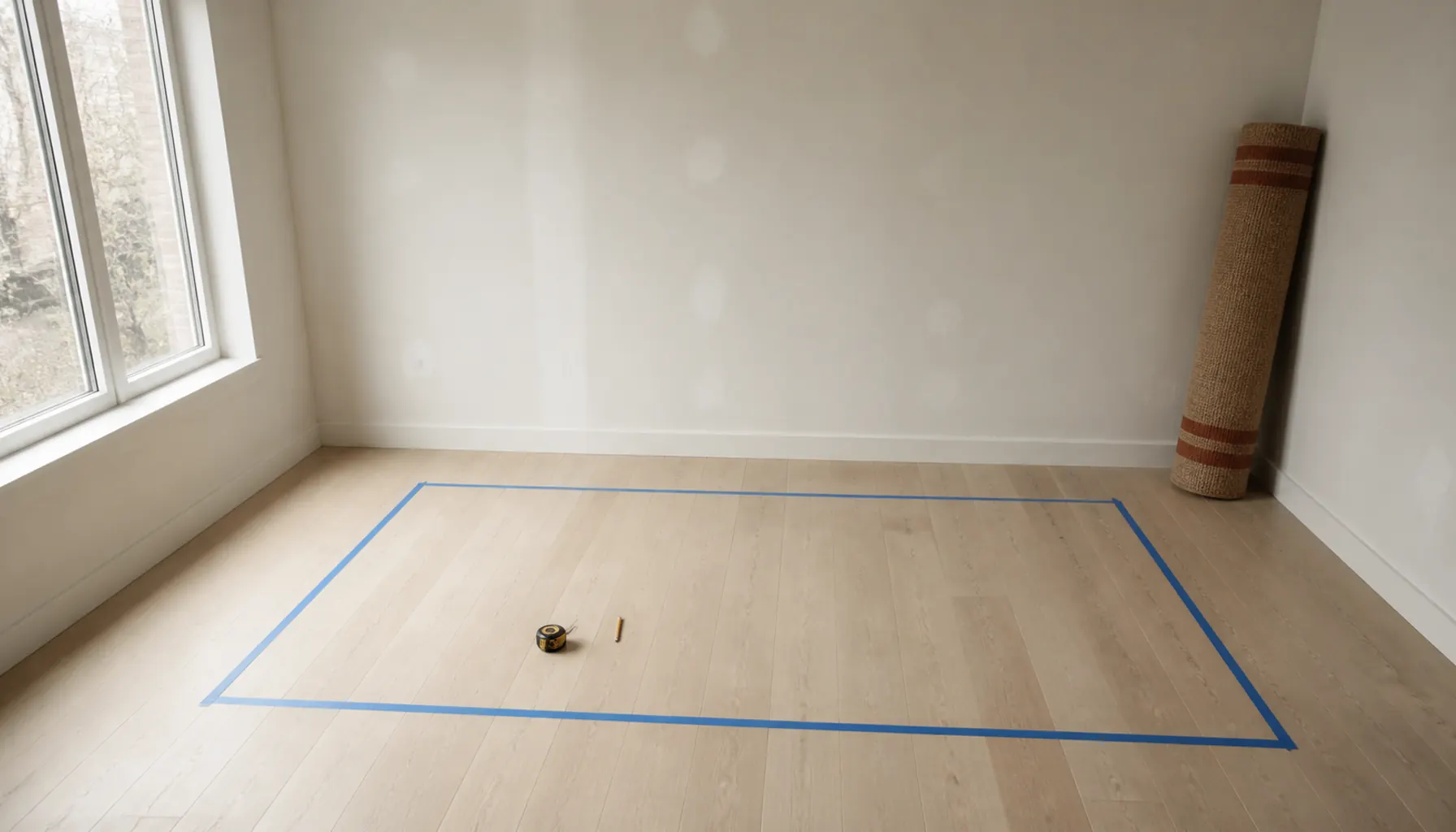 A bare living room with an empty wall, a rolled rug leaning in the corner, and painter's tape marking a sofa footprint on wood floor