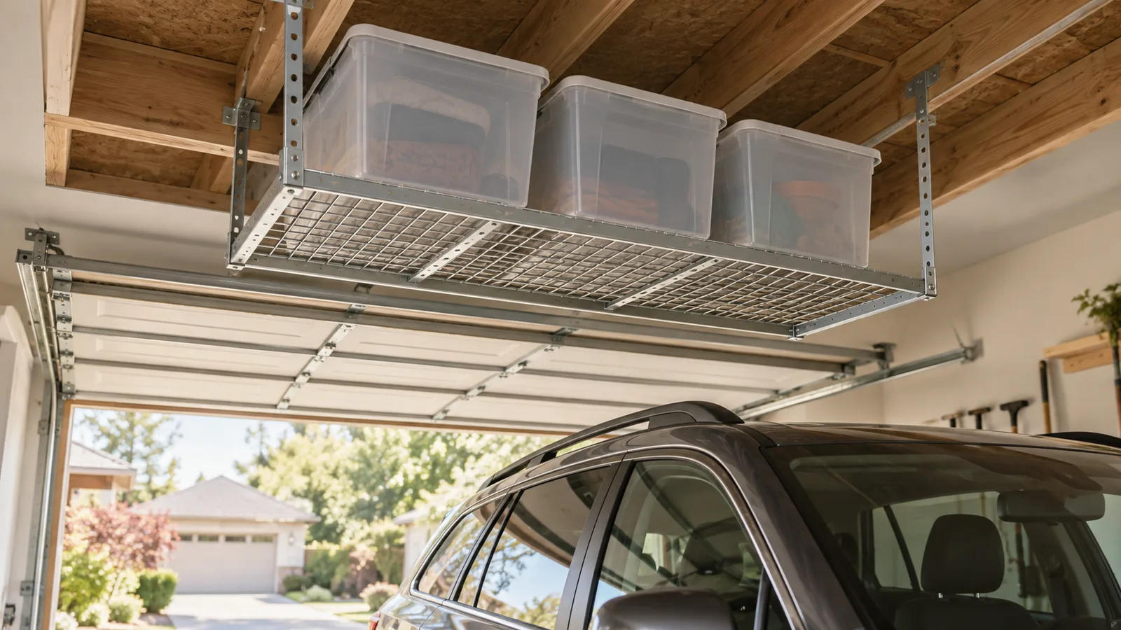 Ceiling-mounted wire storage rack above a parked car holding labeled plastic bins in a small garage