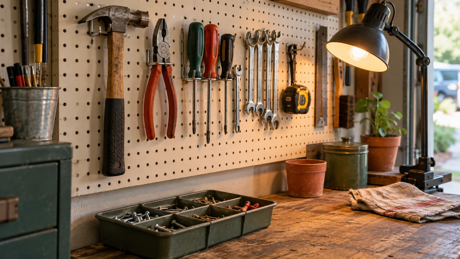 Pegboard above a workbench with hand tools hung inside marker-drawn outlines and a small parts bin below