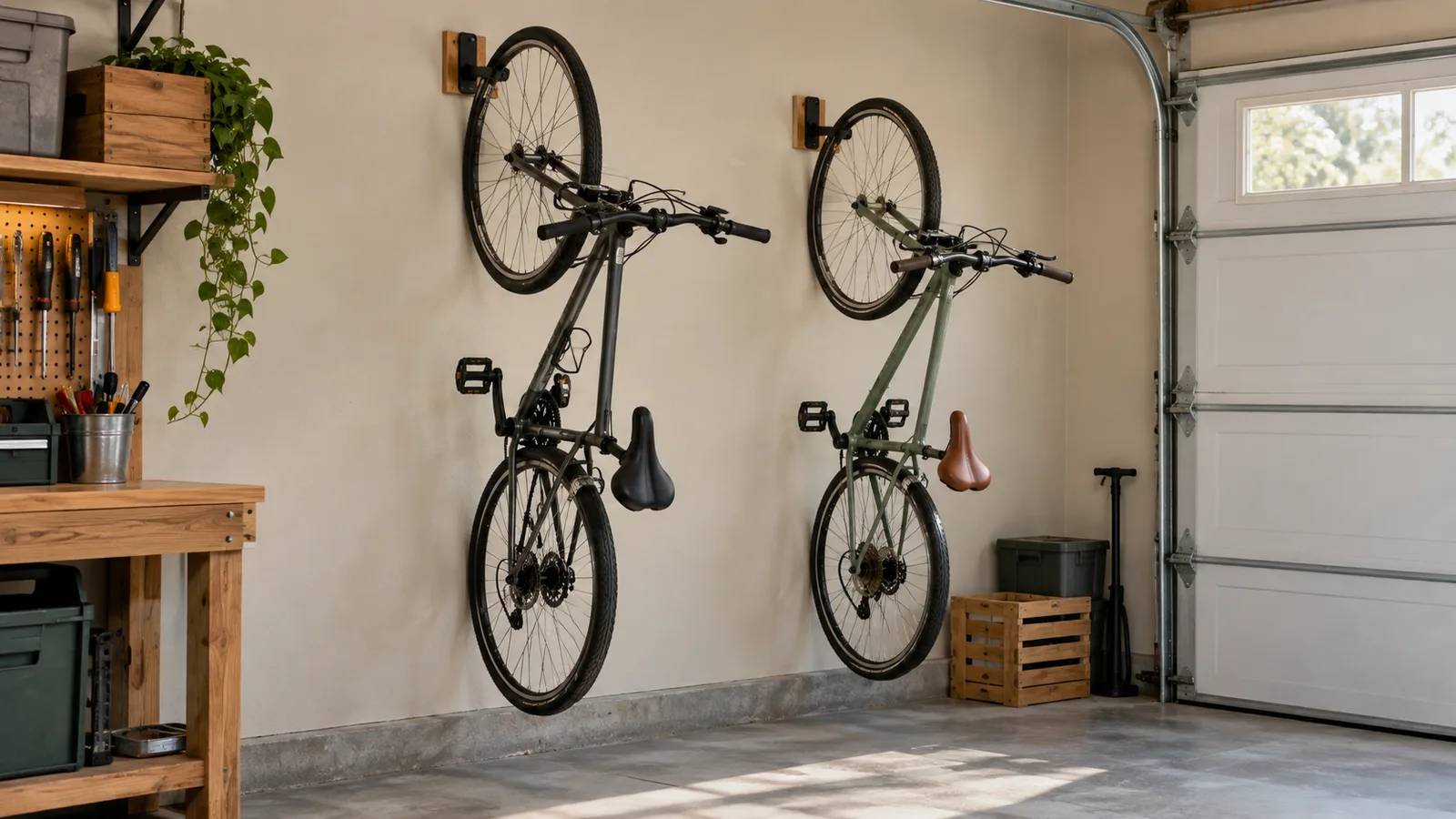 A vertical bike wall mount holding two bikes by their front wheels against a garage wall, floor space clear beneath