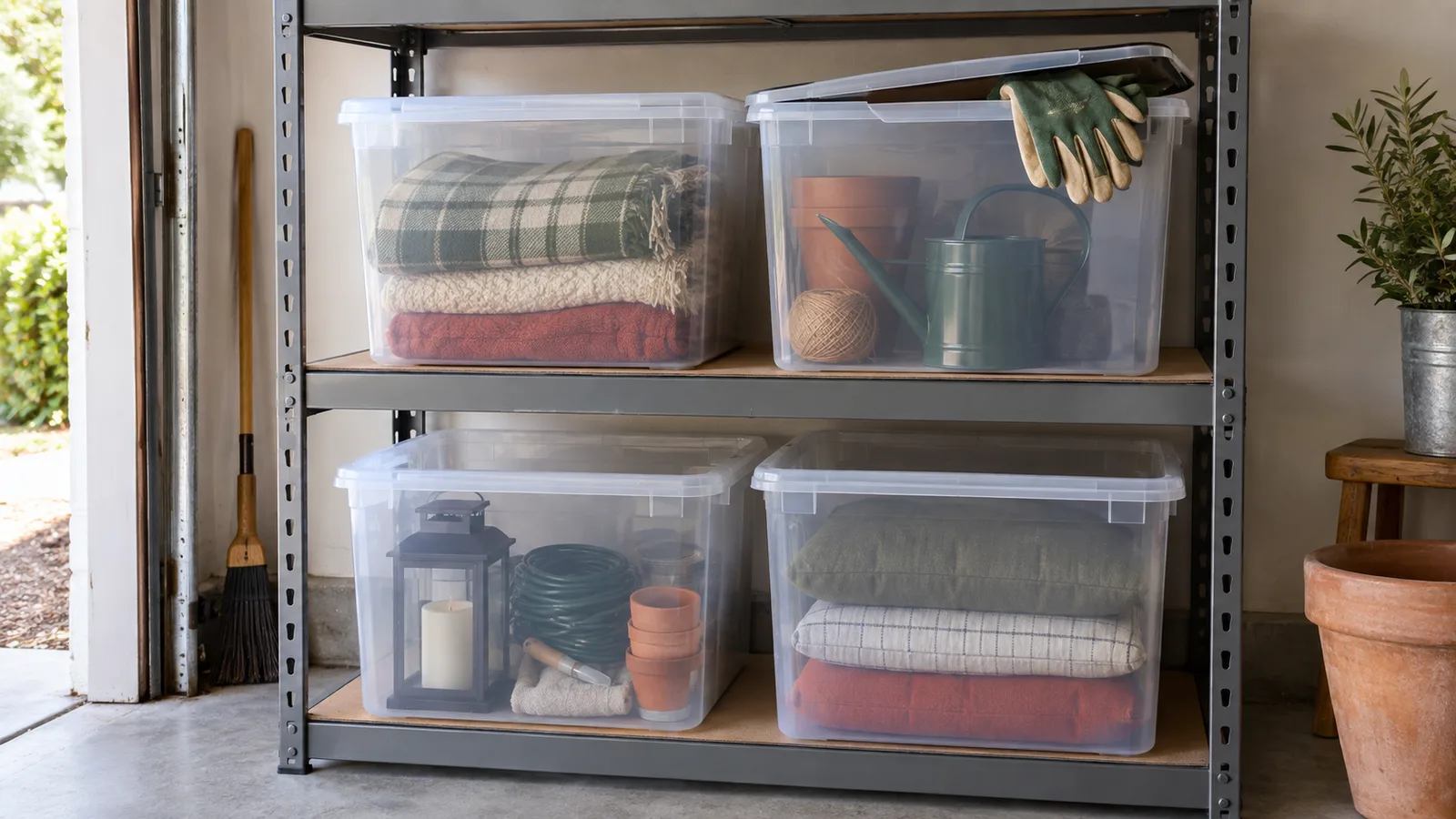 Clear labeled plastic storage bins stacked on a garage shelf, sorted by season with visible contents